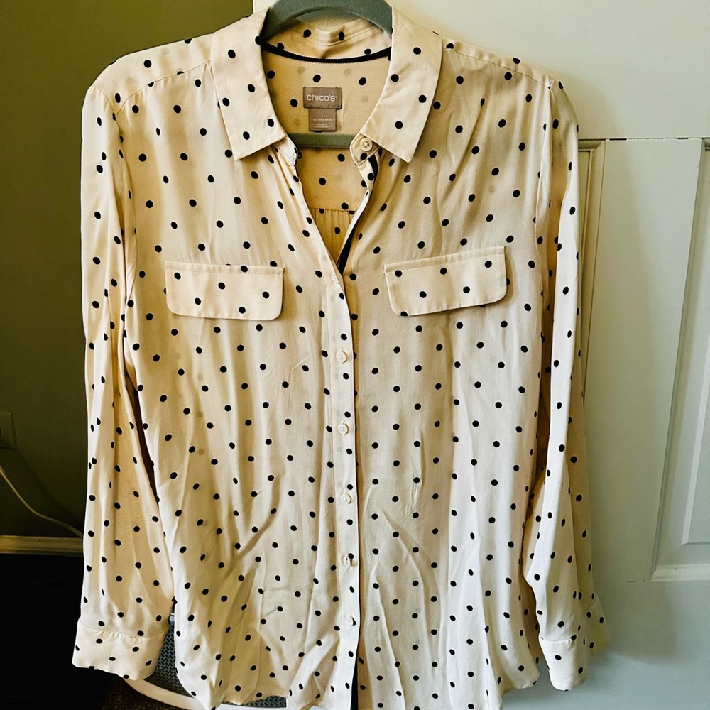 Chico's Cream Button Down Shirt with Polka Dot Pattern